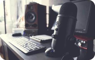 Blue yeti USB microphone on a desk