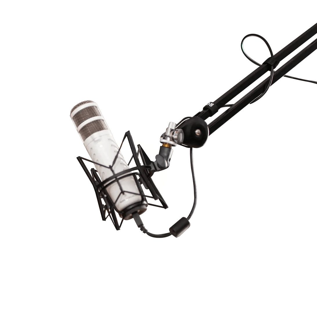 Broadcasting microphone on a boom arm.