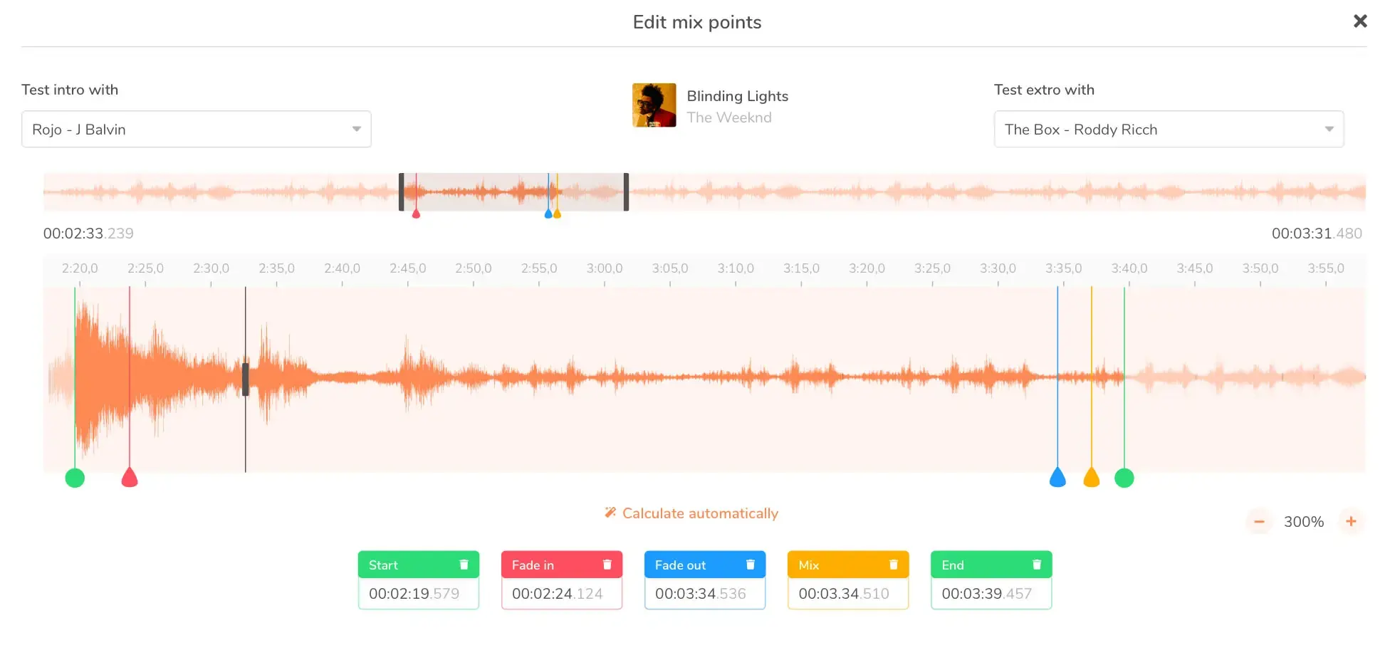 Editing the mix points of a song in the Radio Manager.