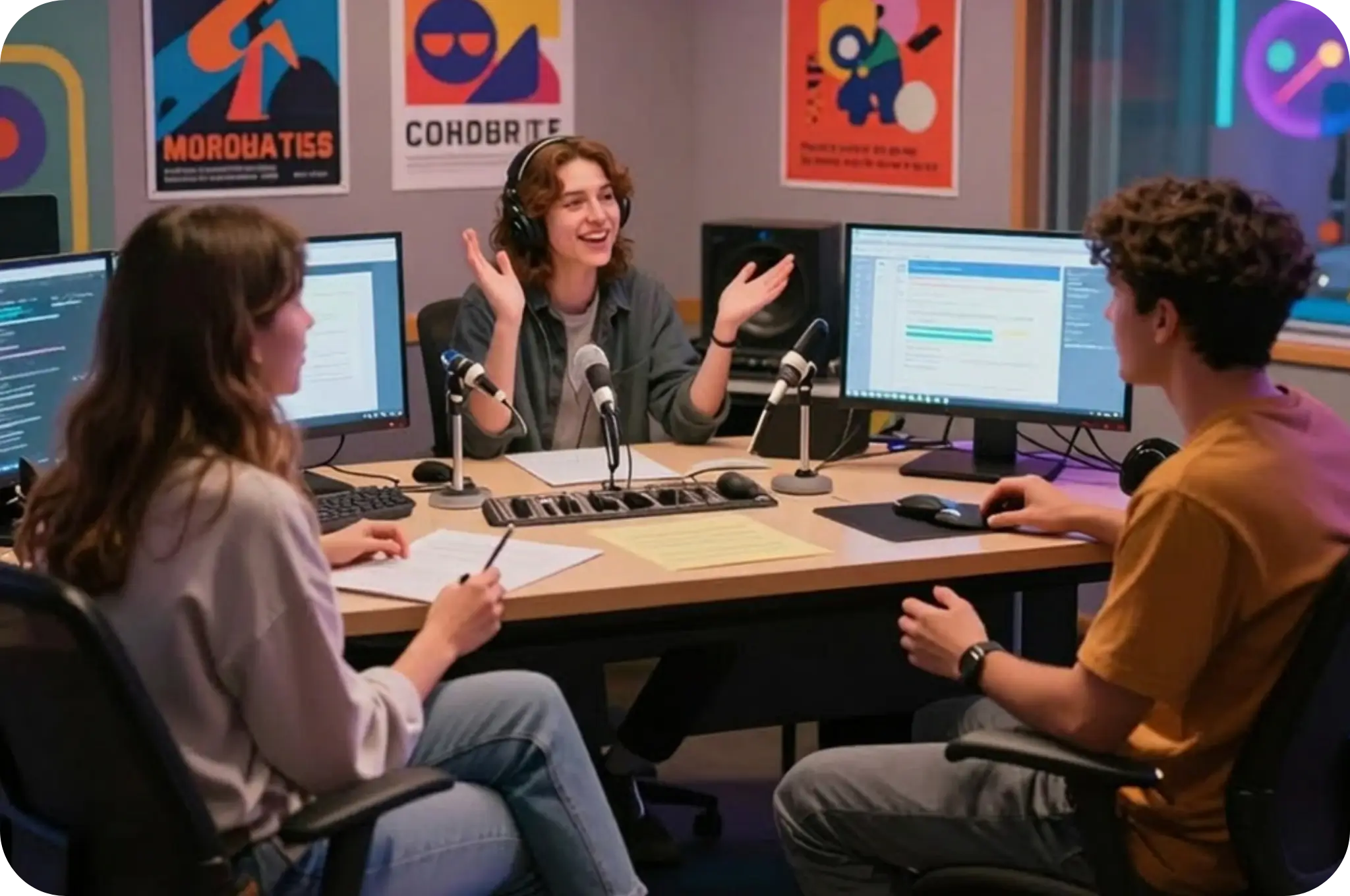university students in a radio studio
